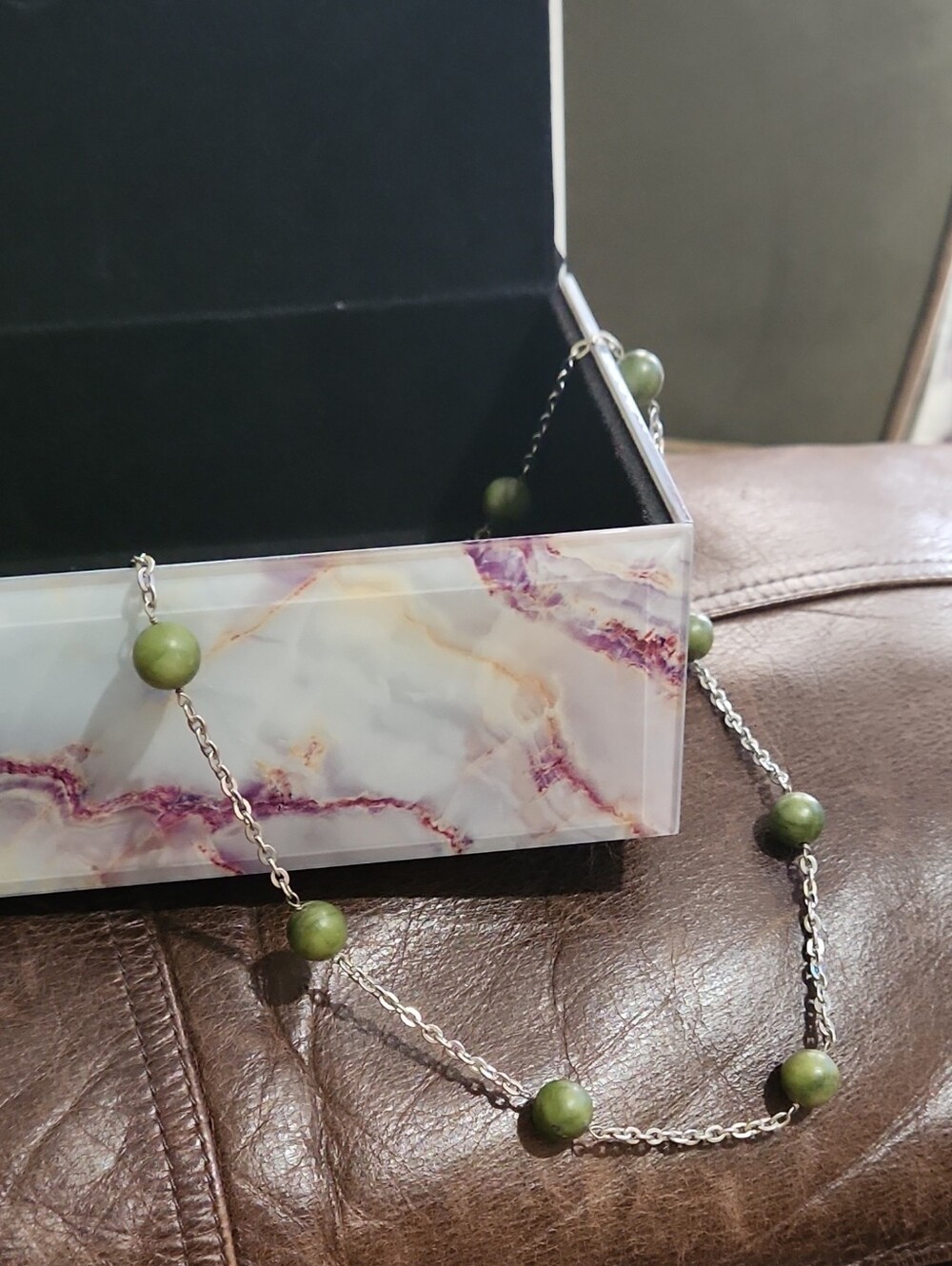 Elegant Olive Connemara Marble From Ireland Silver Chain Necklace Women Jewelry